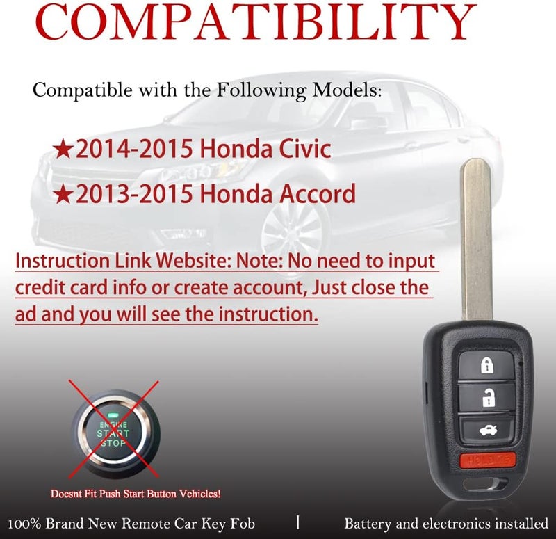 MechanMagic Key Fob Remote Replacement Fits for Honda Civic 2014 2015/Accord 2013-2015 MLBHLIK6-1T Keyless Entry Remote Control Uncut 4 Buttons 315 MHz ID74 G Chip (35118-T2A-A20) - Image 1